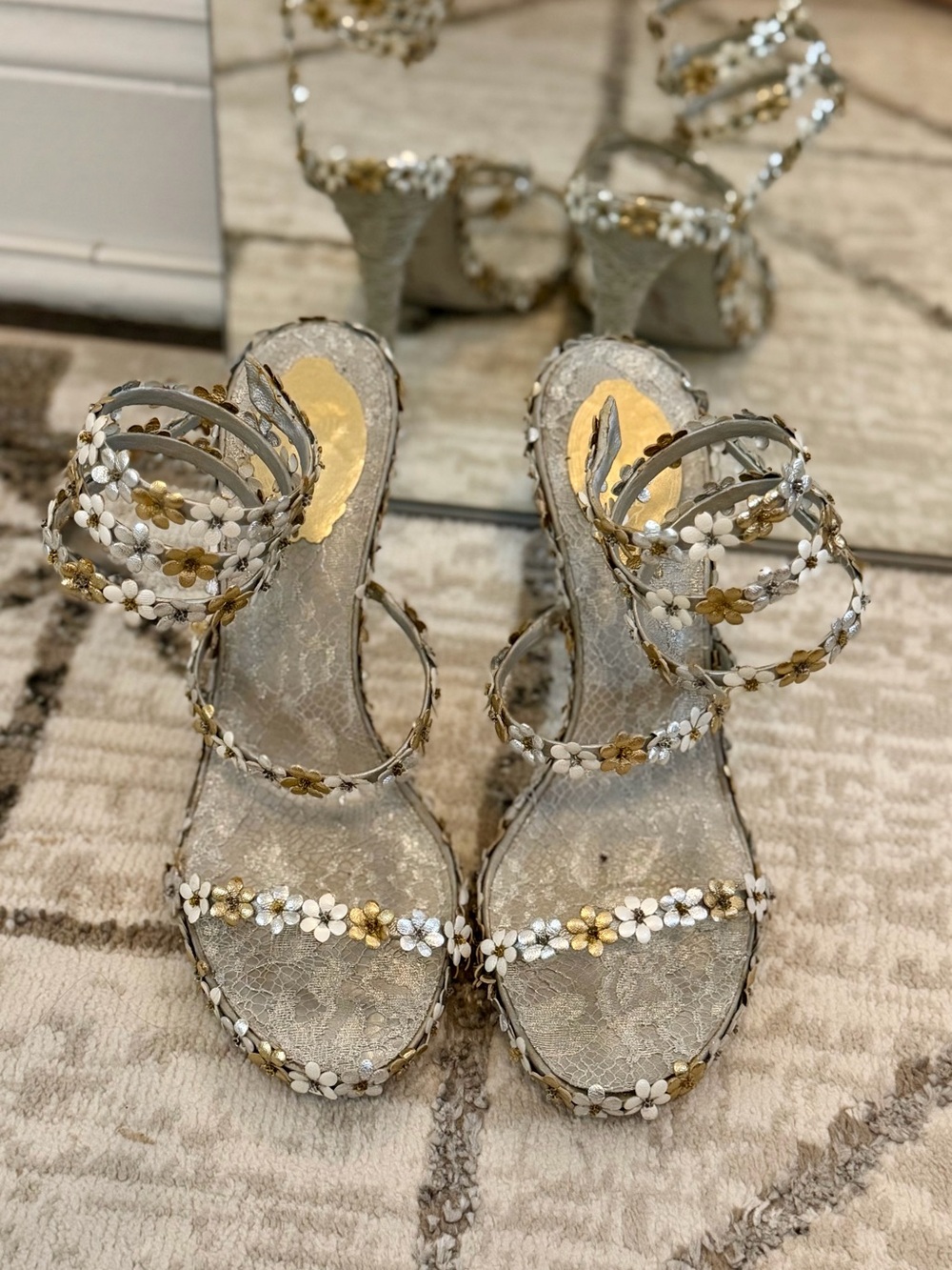 Rene Caovilla Floral Wrap-Around Strappy Heels in Gold Silver and White - Picture 2 of 4